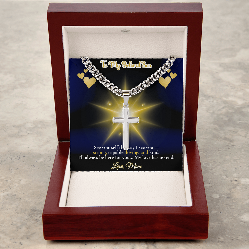 To My Beloved Son” Message Card with Artisan Cross Necklace – Cuban Link Chain – Sentimental Gift from Mom