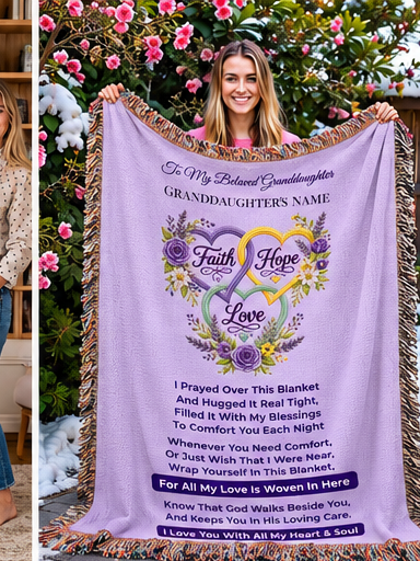 To My Beloved Granddaughter – Personalized Faith, Hope & Love Woven Blanket | A Hug From Grandma