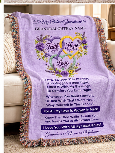 To My Beloved Granddaughter – Personalized Faith, Hope & Love Woven Blanket | A Hug From Grandma