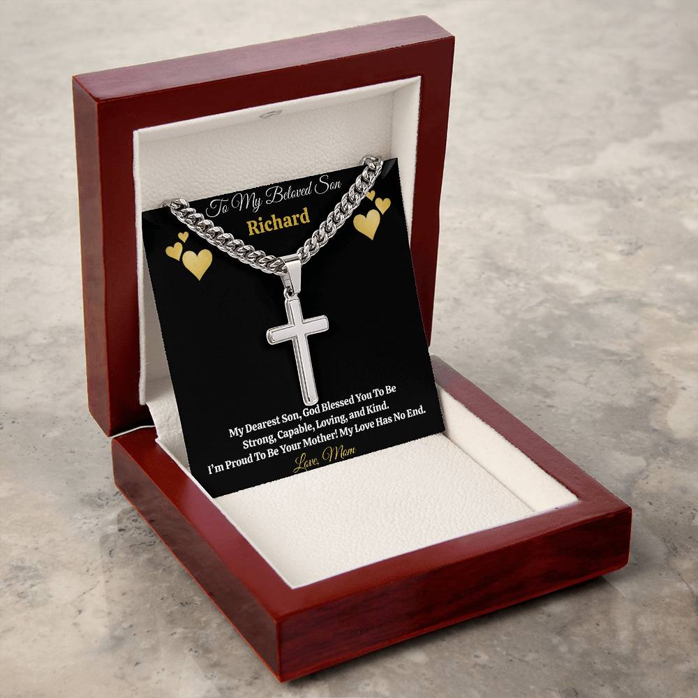 To My Beloved Son” Personalized Message Card + Artisan Cross Necklace — Cuban or Snake Chain — Custom Name & Signature Gift from Mom