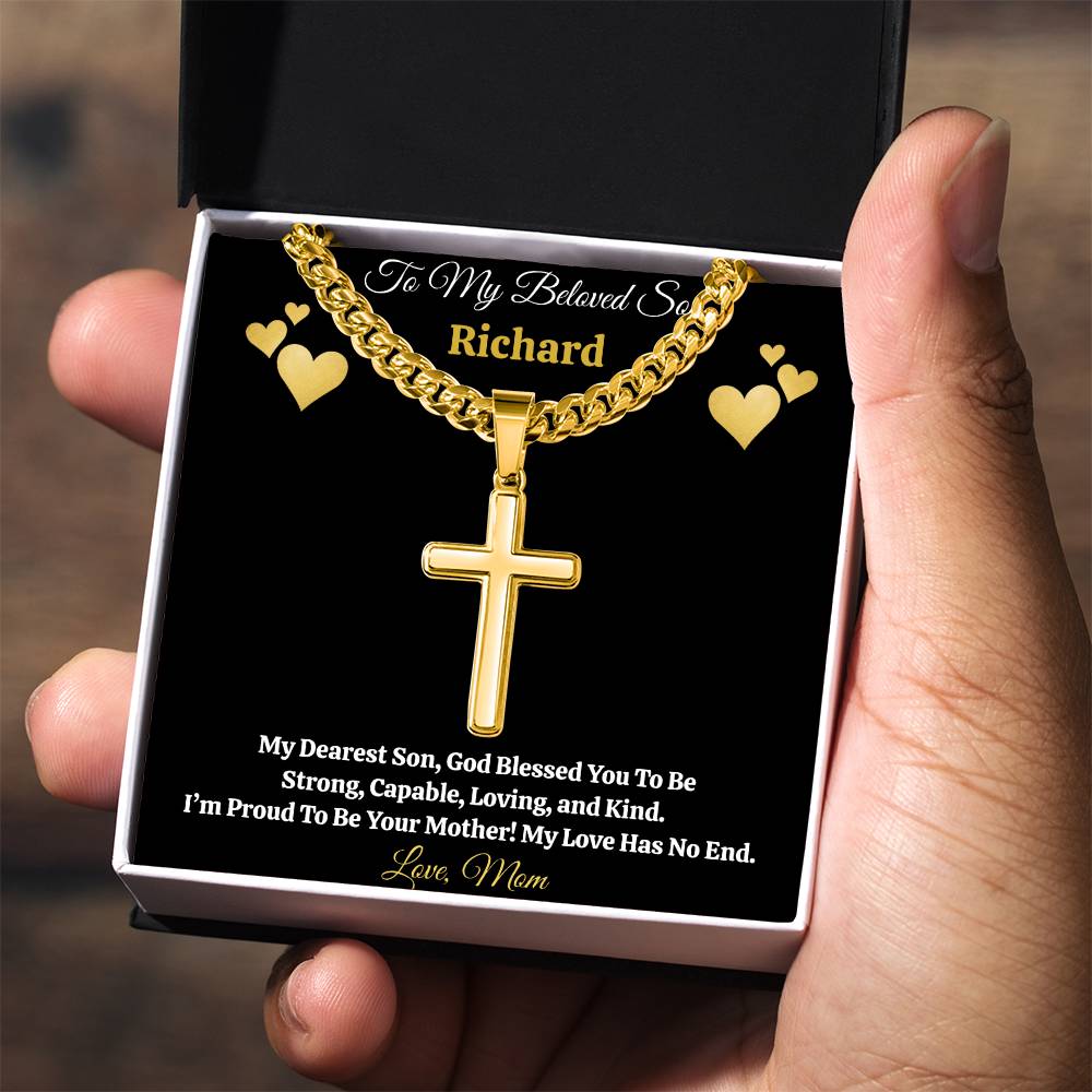 To My Beloved Son” Personalized Message Card + Artisan Cross Necklace — Cuban or Snake Chain — Custom Name & Signature Gift from Mom