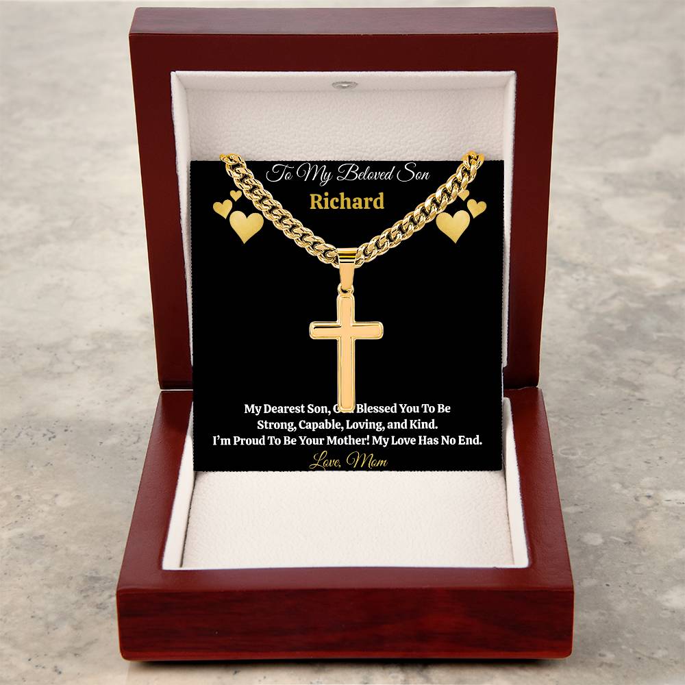 To My Beloved Son” Personalized Message Card + Artisan Cross Necklace — Cuban or Snake Chain — Custom Name & Signature Gift from Mom