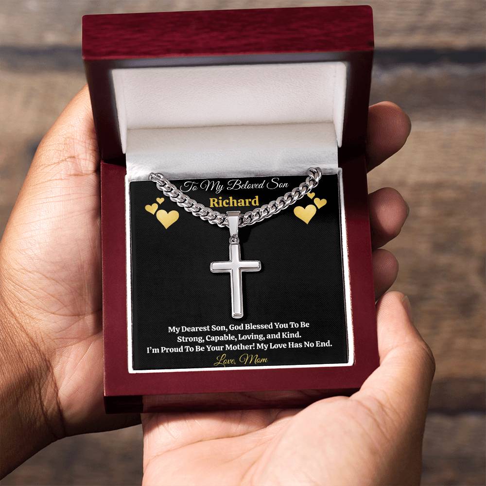 To My Beloved Son” Personalized Message Card + Artisan Cross Necklace — Cuban or Snake Chain — Custom Name & Signature Gift from Mom