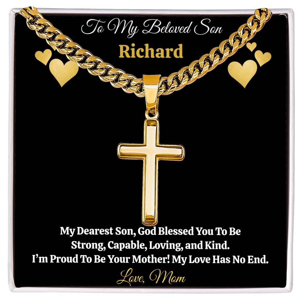 To My Beloved Son” Personalized Message Card + Artisan Cross Necklace — Cuban or Snake Chain — Custom Name & Signature Gift from Mom