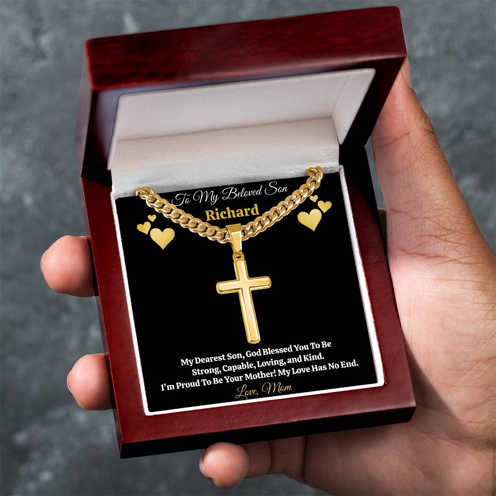 To My Beloved Son” Personalized Message Card + Artisan Cross Necklace — Cuban or Snake Chain — Custom Name & Signature Gift from Mom