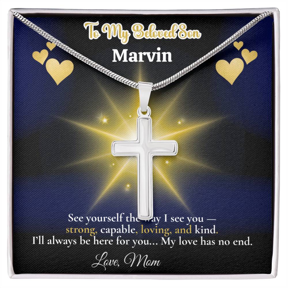 To My Beloved Son” Personalized Message Card + Artisan Cross Necklace – Custom Name & Signature – Cuban Link or Snake Chain
