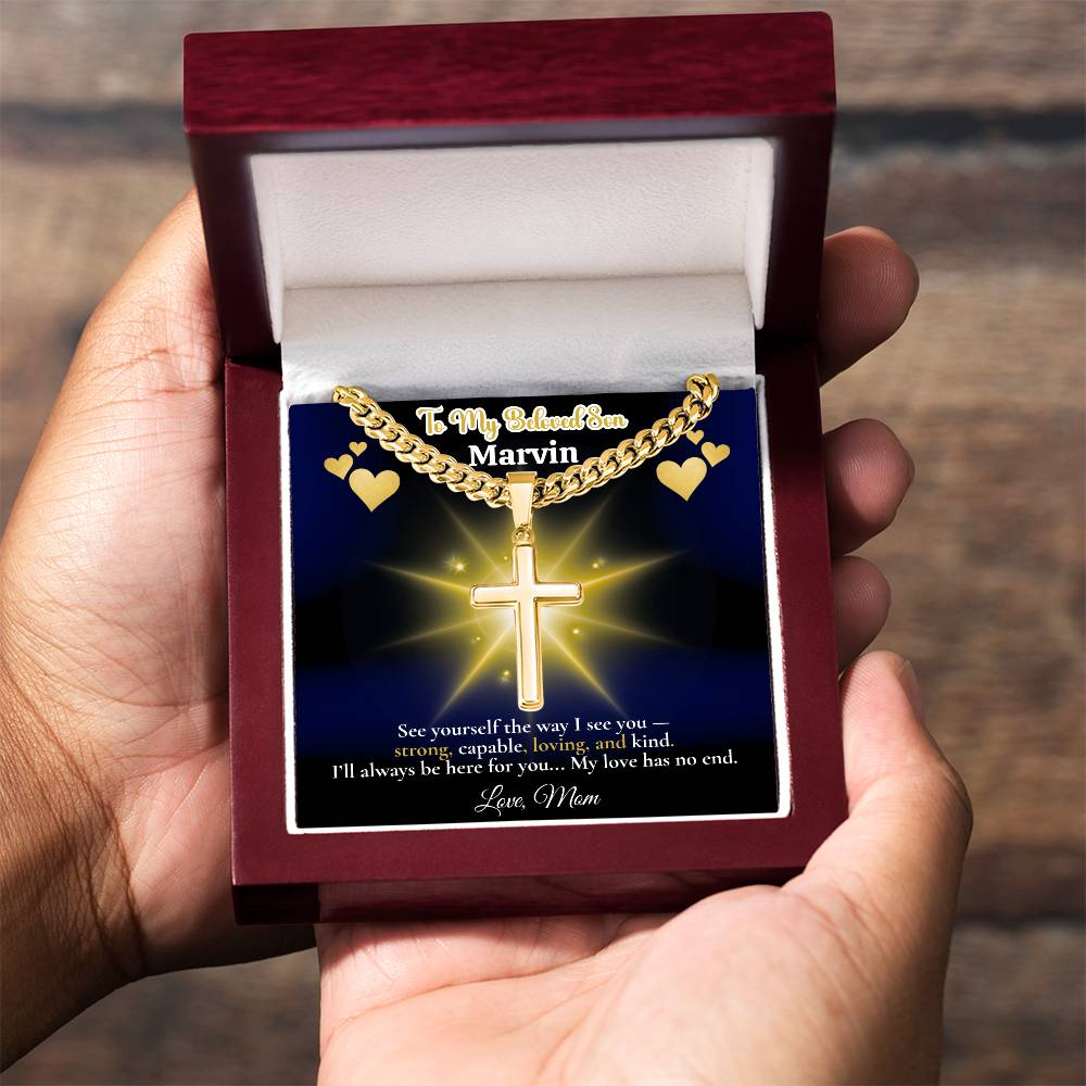 To My Beloved Son” Personalized Message Card + Artisan Cross Necklace – Custom Name & Signature – Cuban Link or Snake Chain