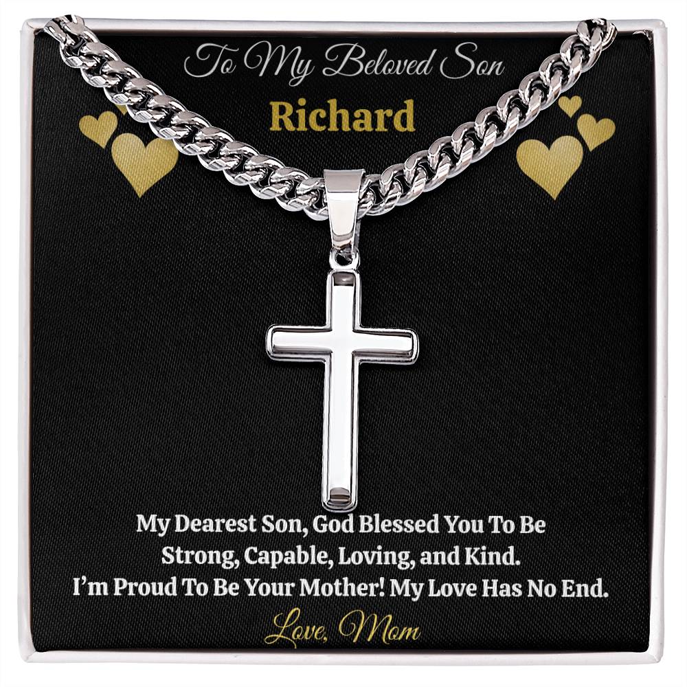 To My Beloved Son” Personalized Message Card + Artisan Cross Necklace — Cuban or Snake Chain — Custom Name & Signature Gift from Mom