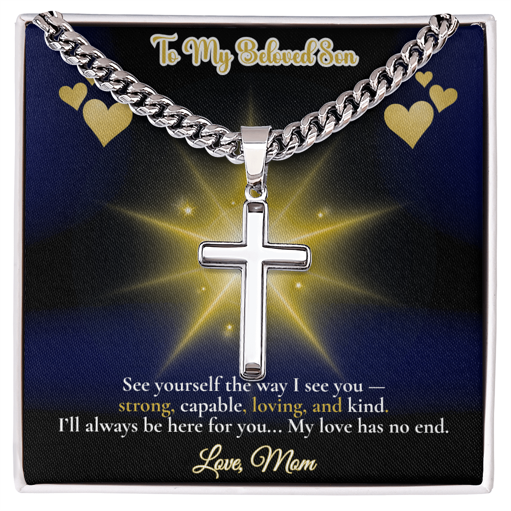 To My Beloved Son” Message Card with Artisan Cross Necklace – Cuban Link Chain – Sentimental Gift from Mom