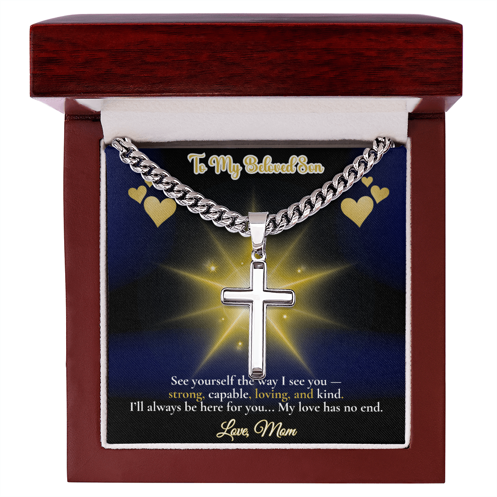 To My Beloved Son” Message Card with Artisan Cross Necklace – Cuban Link Chain – Sentimental Gift from Mom