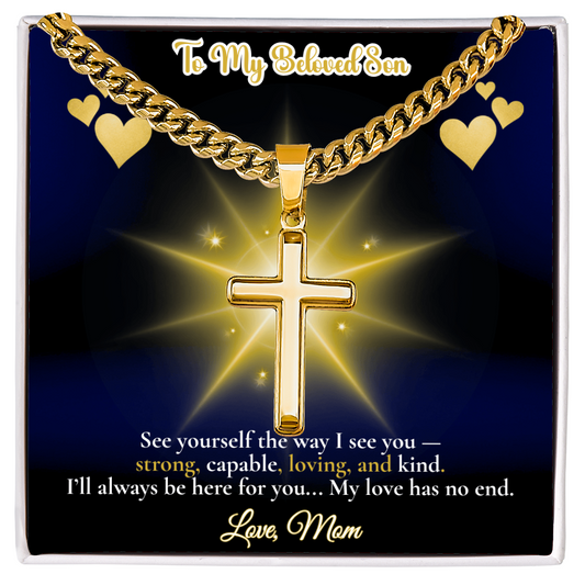 To My Beloved Son” Message Card with Artisan Cross Necklace – Cuban Link Chain – Sentimental Gift from Mom