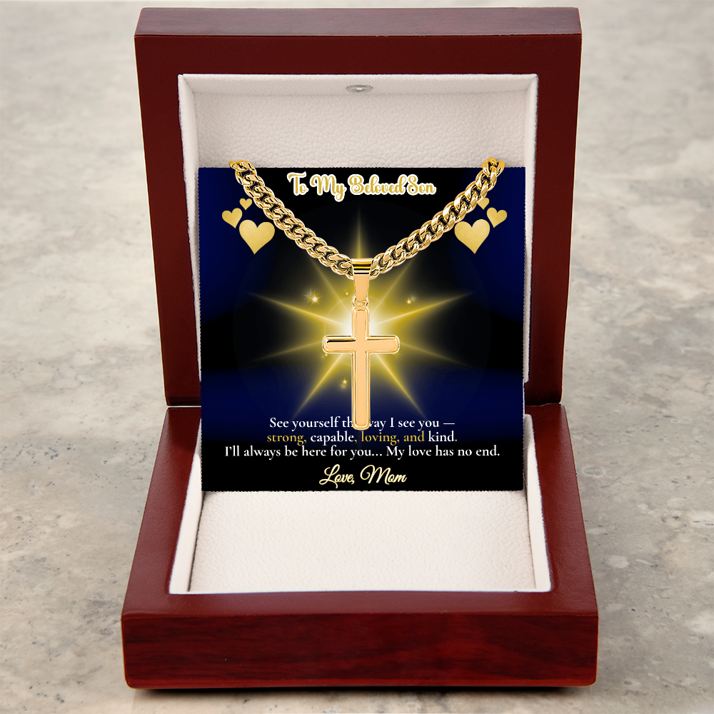 To My Beloved Son” Message Card with Artisan Cross Necklace – Cuban Link Chain – Sentimental Gift from Mom