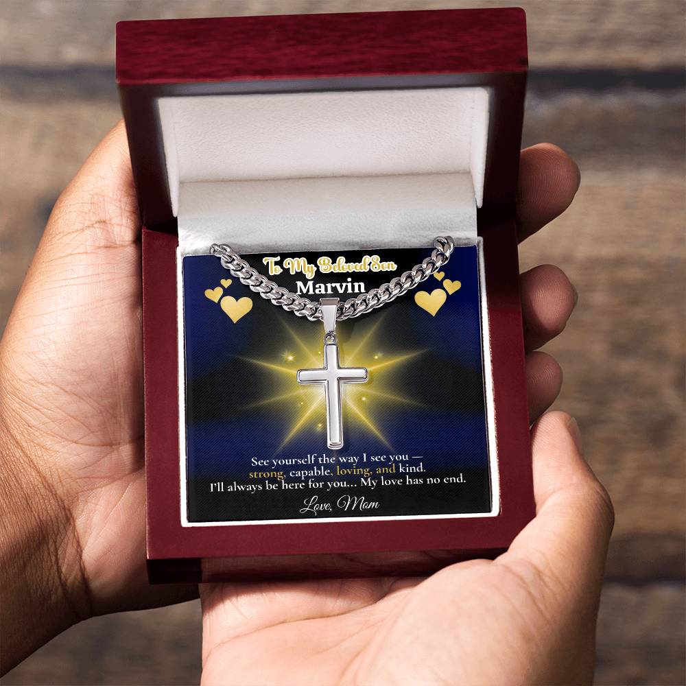 To My Beloved Son” Personalized Message Card + Artisan Cross Necklace – Custom Name & Signature – Cuban Link or Snake Chain