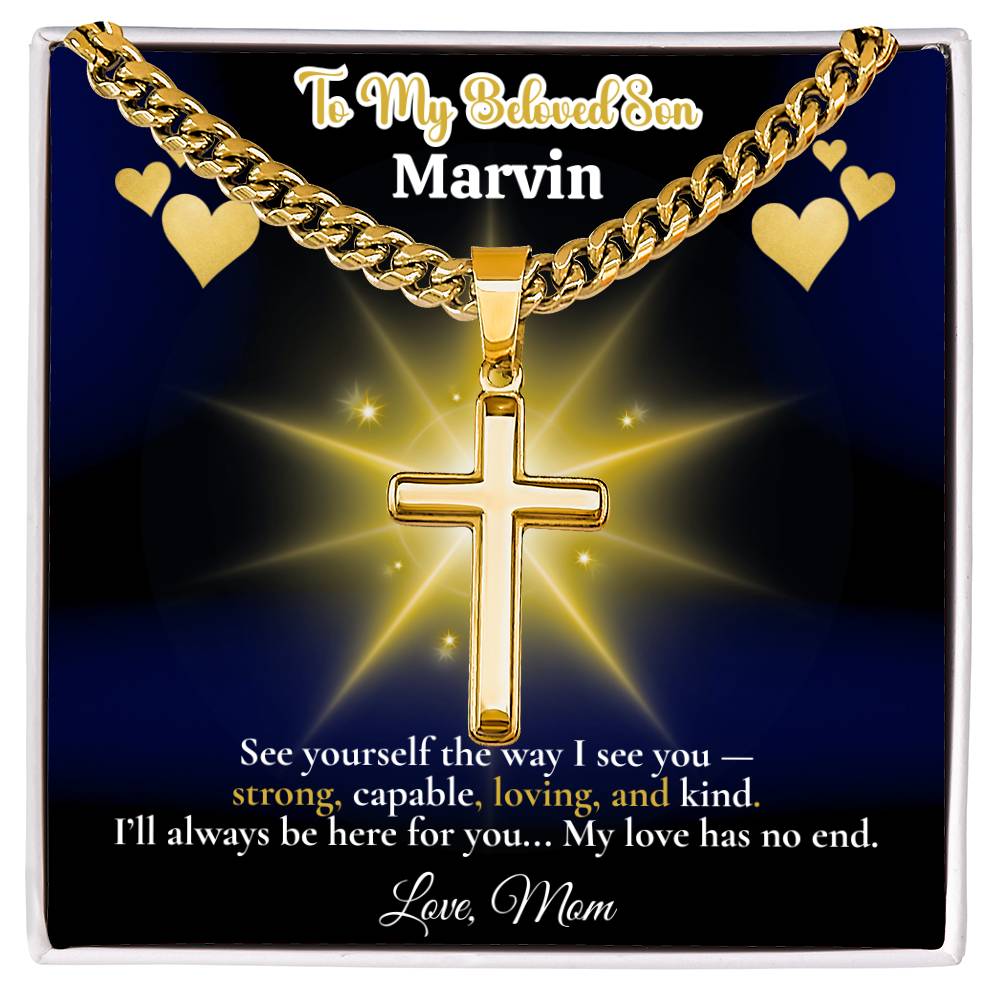 To My Beloved Son” Personalized Message Card + Artisan Cross Necklace – Custom Name & Signature – Cuban Link or Snake Chain