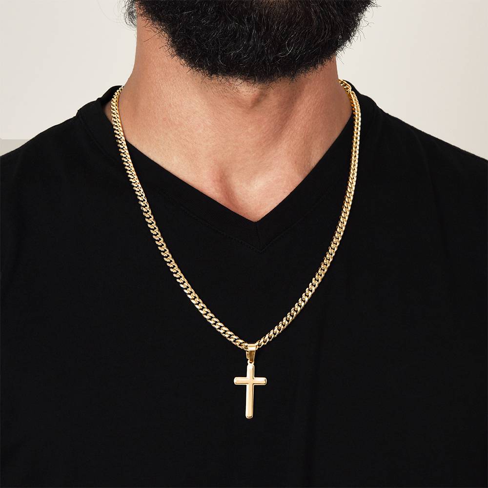 To My Beloved Son” Personalized Message Card + Artisan Cross Necklace — Cuban or Snake Chain — Custom Name & Signature Gift from Mom