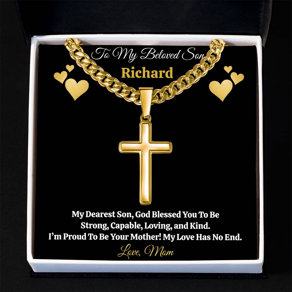 To My Beloved Son” Personalized Message Card + Artisan Cross Necklace — Cuban or Snake Chain — Custom Name & Signature Gift from Mom